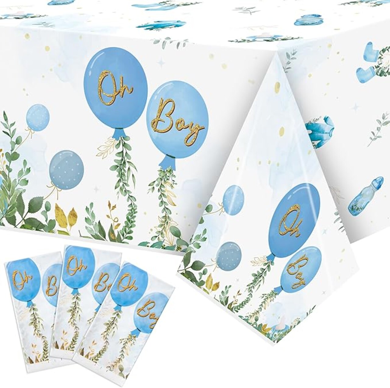 Baby Shower Party Tablecloths - 3Pcs Watercolor Blue Birthday Party Table Cover Decorations, Oh Boy Themed Rectangular Plastic Disposable Table Cloth for Baby Boys Birthday Gender Reveal Supplies